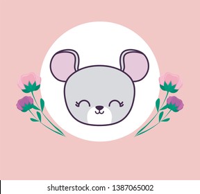 head of cute mouse in frame circular with flowers