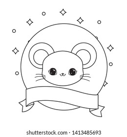 head of cute mouse in frame circular with ribbon