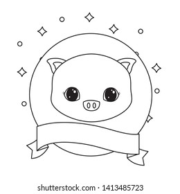 head of cute piggy in frame circular with ribbon