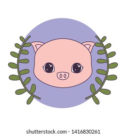head of cute piggy in frame circular with crown of leafs