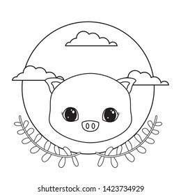 head of cute piggy in frame circular with crown of leaves