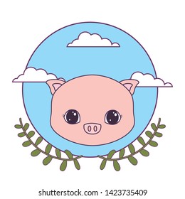 head of cute piggy in frame circular with crown of leaves