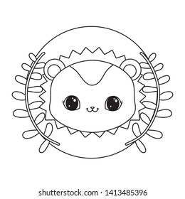 head of cute porcupine in frame circular with crown of leafs