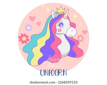 Head of cute  princess unicorn with flower, heart on pink circle and white background. Vector design illustration.
