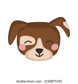 Head of cute puppy in childish style with smile muzzle and eyes. Funny pet dog with happy face. Vector flat illustration for holidays