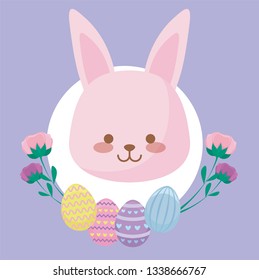 head of cute rabbit with flowers and eggs of easter