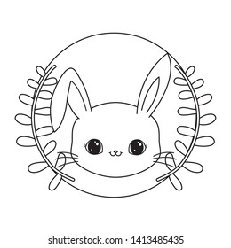 head of cute rabbit in frame circular with crown of leafs