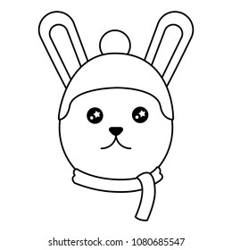 head cute rabbit with scarf and hat kawaii character