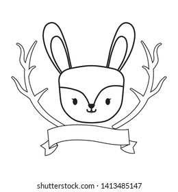 head of cute rabbit with tree branches and ribbon