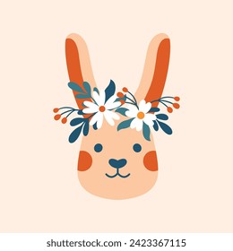 Head of cute rabbit with wreath of plants, flowers, leaves. Vector illustration of white bunny for Easter card, banner, sticker, badge. Cottagecore, village life concept. Cartoon funny animal.