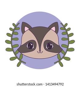 head of cute raccoon in frame circular with crown of leafs