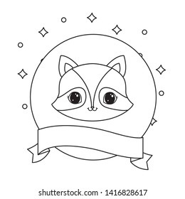 head of cute raccoon in frame circular with ribbon