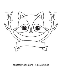 head of cute raccoon with tree branches and ribbon