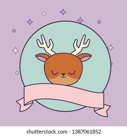head of cute reindeer in frame circular with ribbon