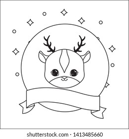head of cute reindeer in frame circular with ribbon