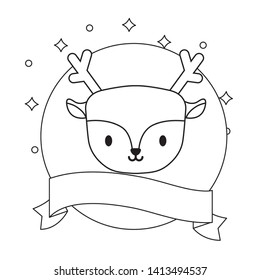 head of cute reindeer in frame circular with ribbon