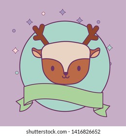 head of cute reindeer in frame circular with ribbon