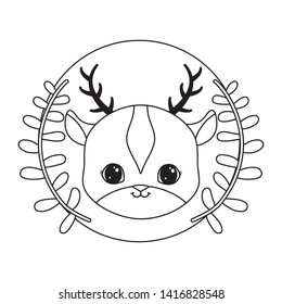 head of cute reindeer in frame circular with crown of leafs