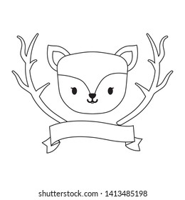 head of cute reindeer with tree branches and ribbon