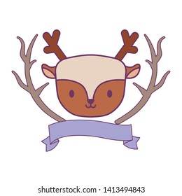 head of cute reindeer with tree branches and ribbon