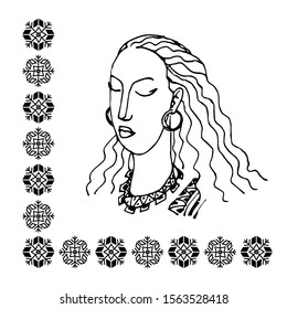 head of cute Scandinavian blonde girl with wavy hair and traditional snowflake pattern, vector illustration with black contour lines isolated on white background in hand drawn style