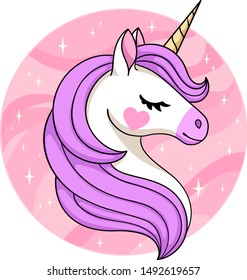 Cabeza de unicornio adormilado con los ojos cerrados en círculo rosado sobre fondo. Vector aislado