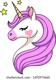 Head of cute sleepy unicorn with closed eyes and pink mane. Isolated vector on white background