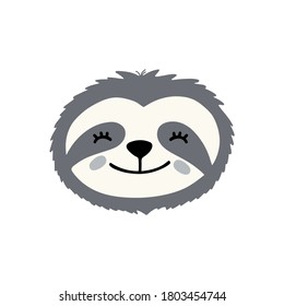 The head of a cute sloth hand drawn flat vector illustration. Cartoon tropical animal smiles. Funny design isolated on white background.