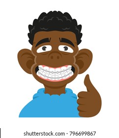 Head cute smile black young boy show braces teeth he is really happy and show like. Vector modern flat style cartoon character illustration Isolated white background.dentist concept dental.