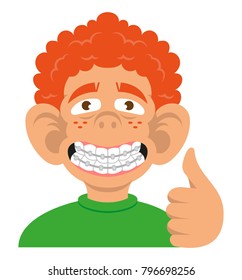 Head cute smile redhead young boy show teeth brackets he is really happy and show like. Vector modern flat style cartoon character illustration Isolated white background.dentist concept dental.