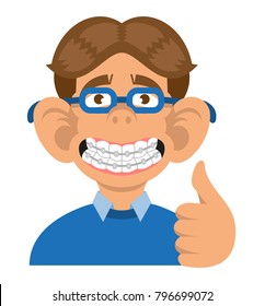 Head cute smile young boy in blue glasses show braces teeth he is really happy and show like. Vector modern flat style cartoon character illustration Isolated white background.dentist concept dental.