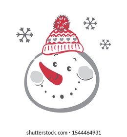 The head of a cute snowman in a red hat on a white background. Vector illustration.