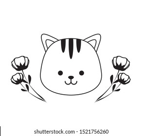 head of cute tiger with flowers decoration vector illustration design
