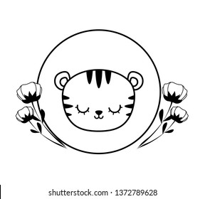 head of cute tiger in frame circular with flowers