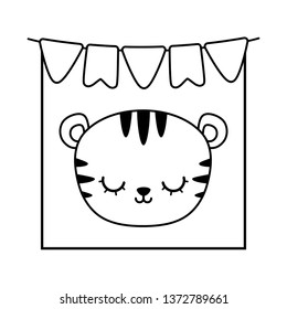 head of cute tiger in frame with garlands hanging