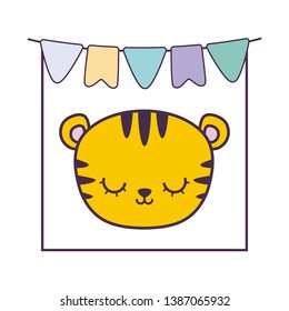 head of cute tiger in frame with garlands hanging