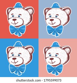 The head of a cute toy bear in the style of a hand-drawn icon. Sketch. Pop art. Poster. vector