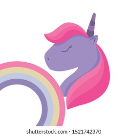 head of cute unicorn animal with rainbow vector illustration design