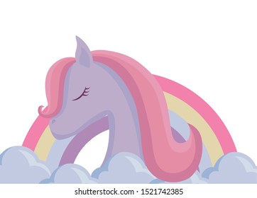 head of cute unicorn animal with rainbow vector illustration design