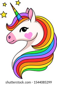 Head of cute unicorn with bright rainbow mane. Isolated vector on white background