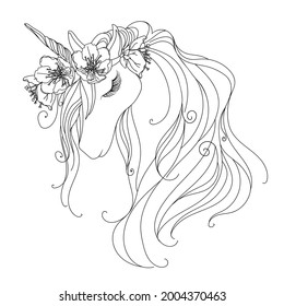 Head of a cute unicorn with closed eyes in a wreath of flowers. The outline is isolated from a white background. Vector illustration.