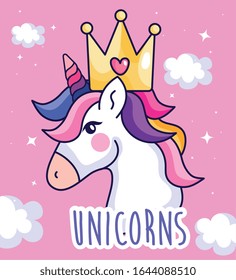 head of cute unicorn with crown and clouds decoration vector illustration design