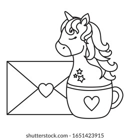 head of cute unicorn in cup ceramic with envelope vector illustration design