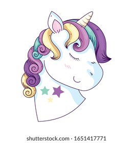 head of cute unicorn fantasy with stars decoration vector illustration design