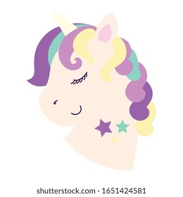 head of cute unicorn fantasy with stars decoration vector illustration design