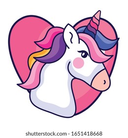 head of cute unicorn with heart isolated icon vector illustration design