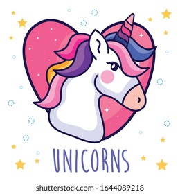 head of cute unicorn in heart and stars decoration vector illustration design