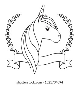 head of cute unicorn with ribbon and branches of leafs vector illustration design