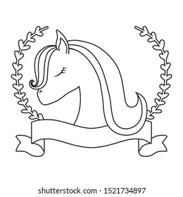 head of cute unicorn with ribbon and branches of leafs vector illustration design