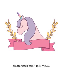 head of cute unicorn with ribbon and branches of leafs vector illustration design